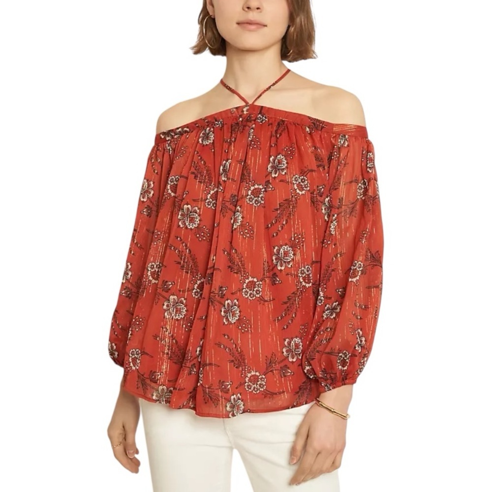 Ann Taylor Rust Floral Off-Shoulder Blouse